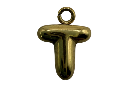 Polished gold letter T initial with rounded, sculptural profile