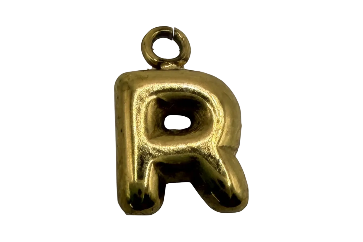 Polished gold letter R initial charm with rounded, puffy block silhouette