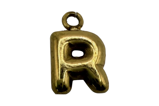 Polished gold letter R initial charm with rounded, puffy block silhouette
