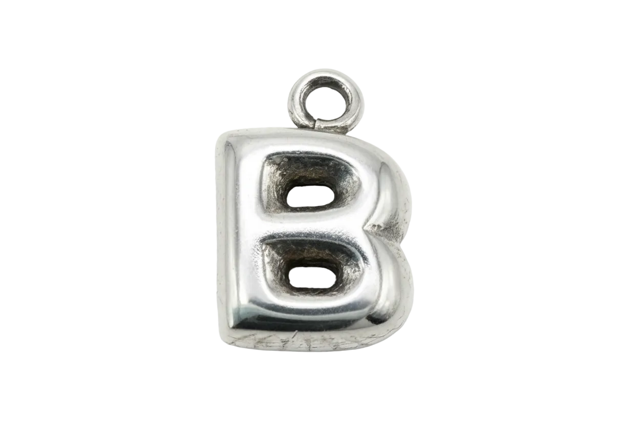 Polished silver puffy letter B with rounded edges and recessed details