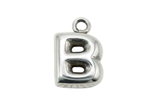 Polished silver puffy letter B with rounded edges and recessed details