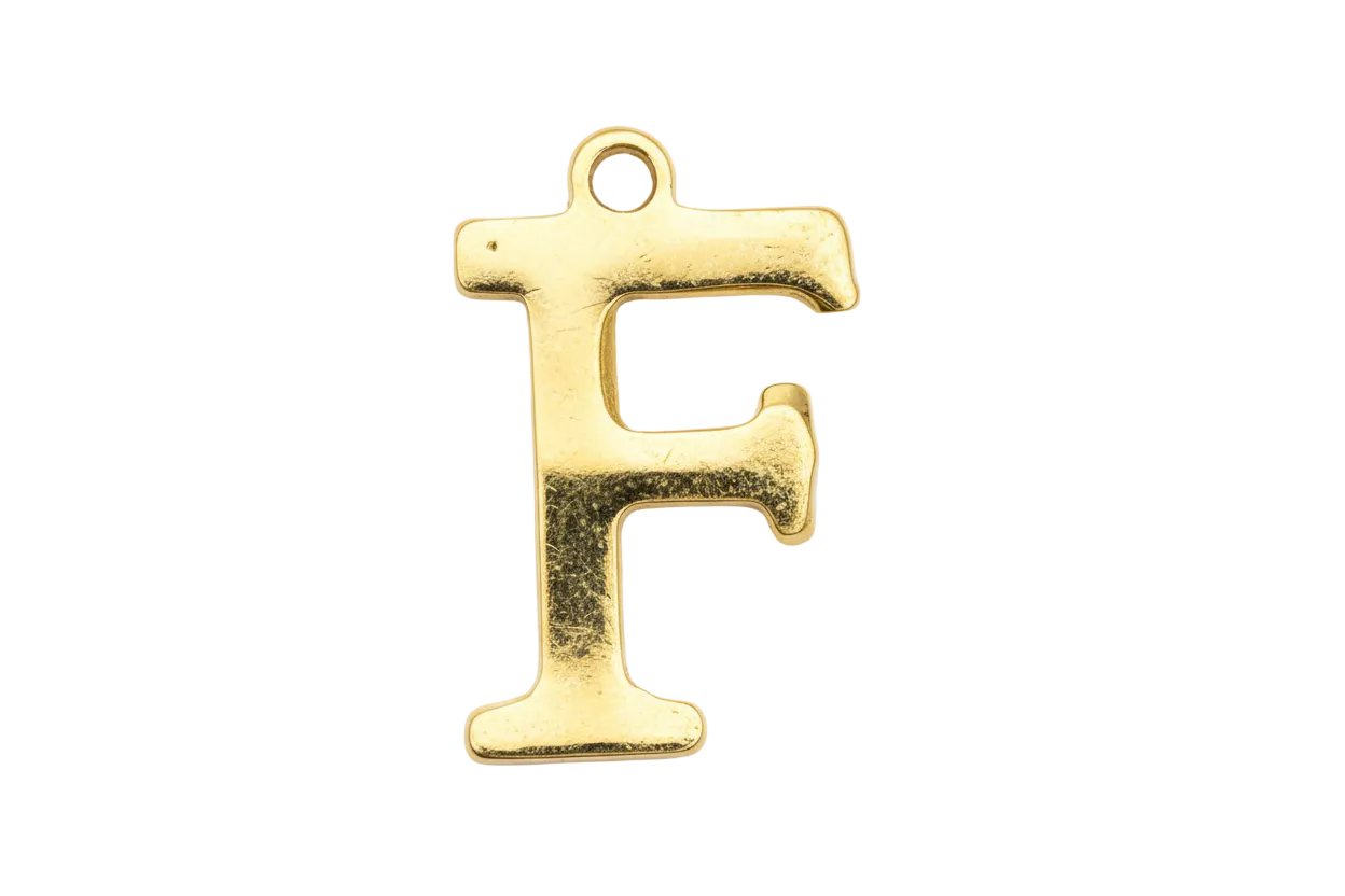Gold initial letter F charm with a small clear gem accent