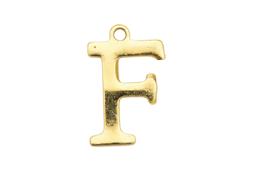 Gold initial letter F charm with a small clear gem accent