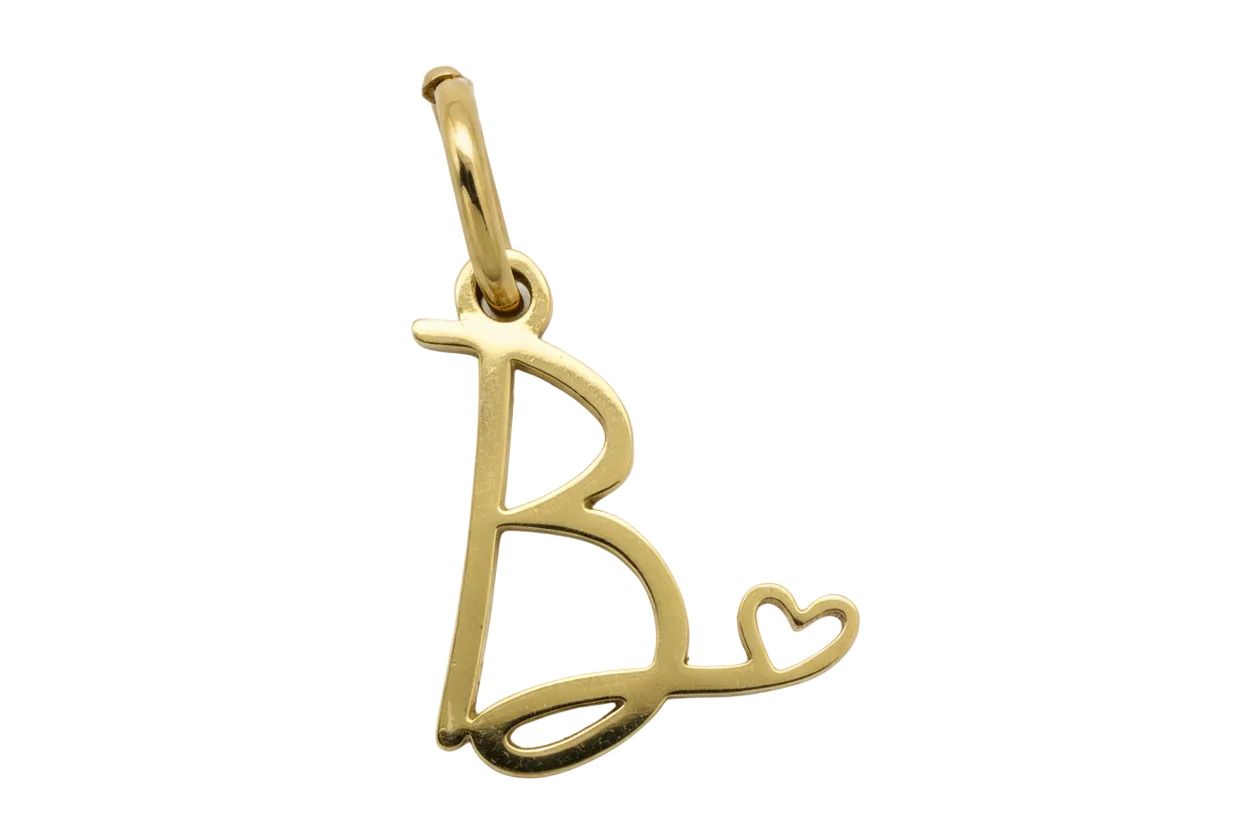 Polished gold letter B initial with small heart accent