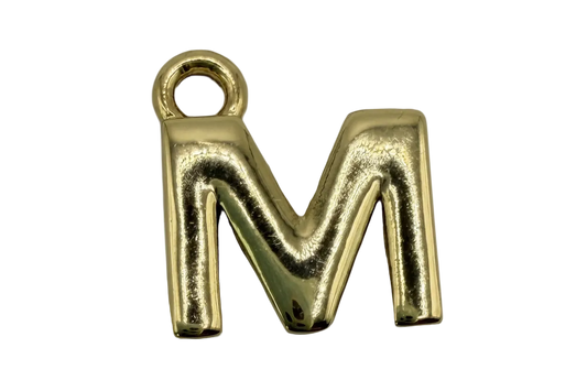 High-polish gold puffed letter M pendant with rounded, balloon-like shape