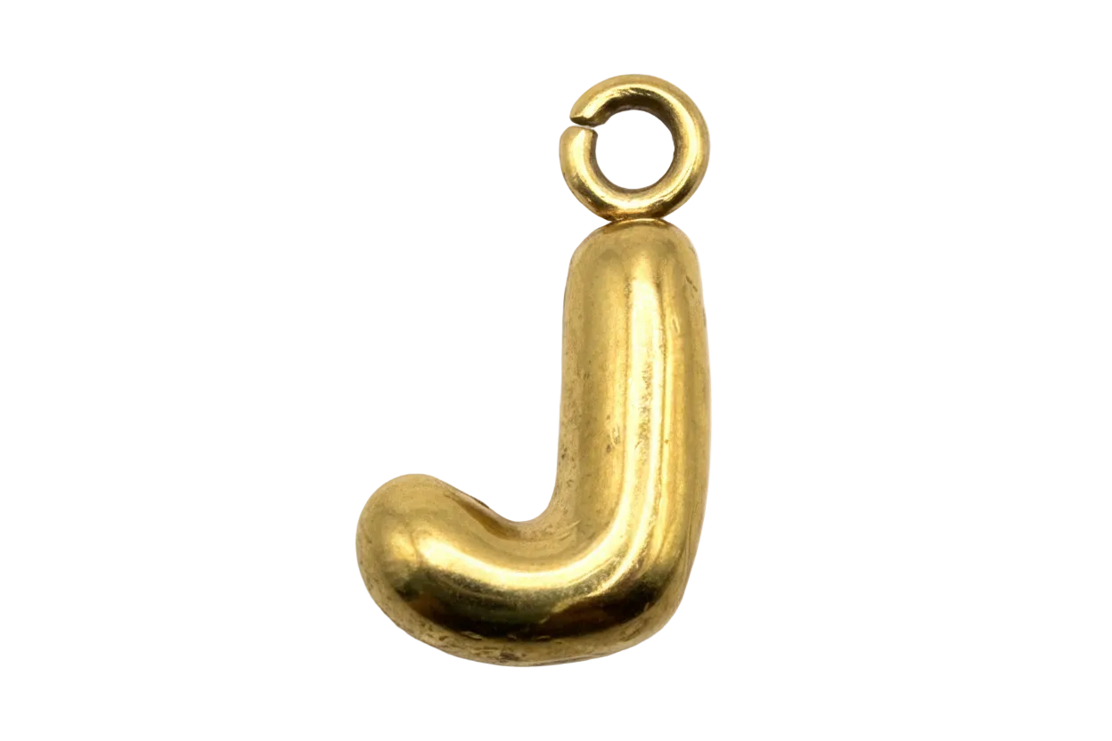 Polished gold letter J charm with rounded sculpted shape