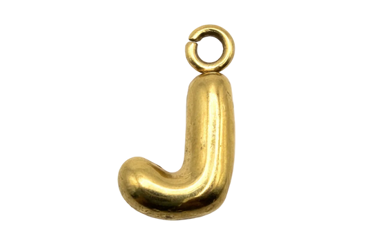 Polished gold letter J charm with rounded sculpted shape