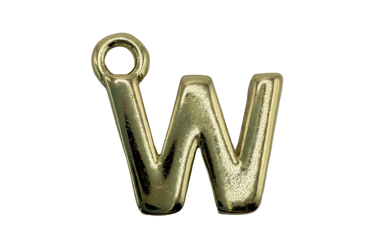 Polished gold W initial letter pendant with a puffed, high-shine finish