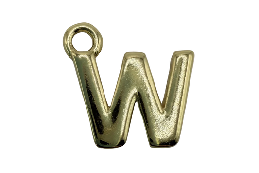 Polished gold W initial letter pendant with a puffed, high-shine finish