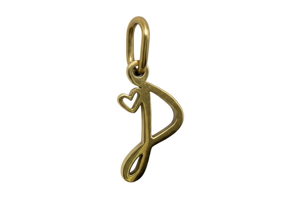 Gold script initial D with small heart detail, polished finish