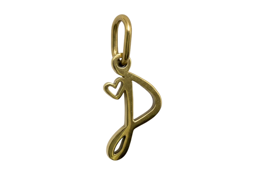 Gold script initial D with small heart detail, polished finish