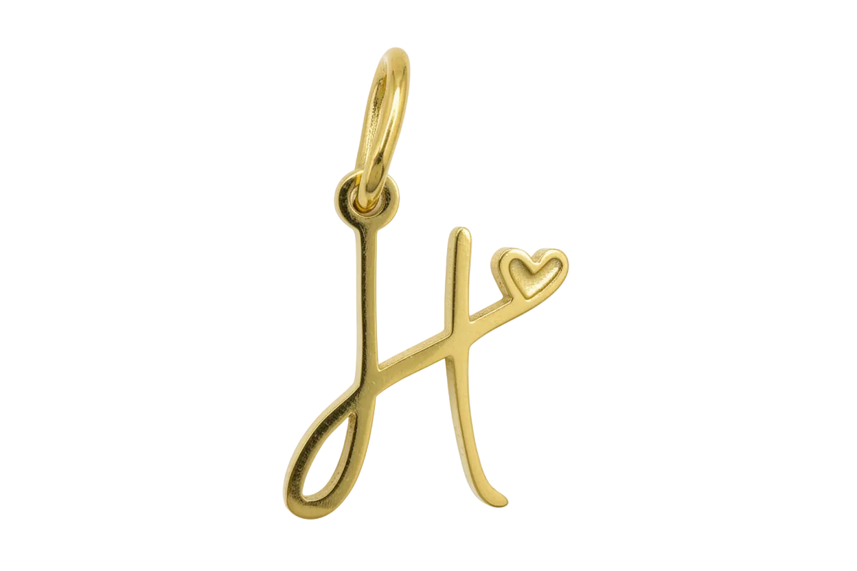 Polished gold initial K with open heart detail