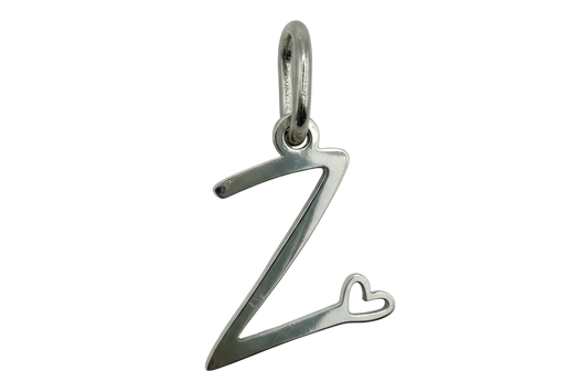 Polished silver letter Z charm with a small heart detail at the lower right
