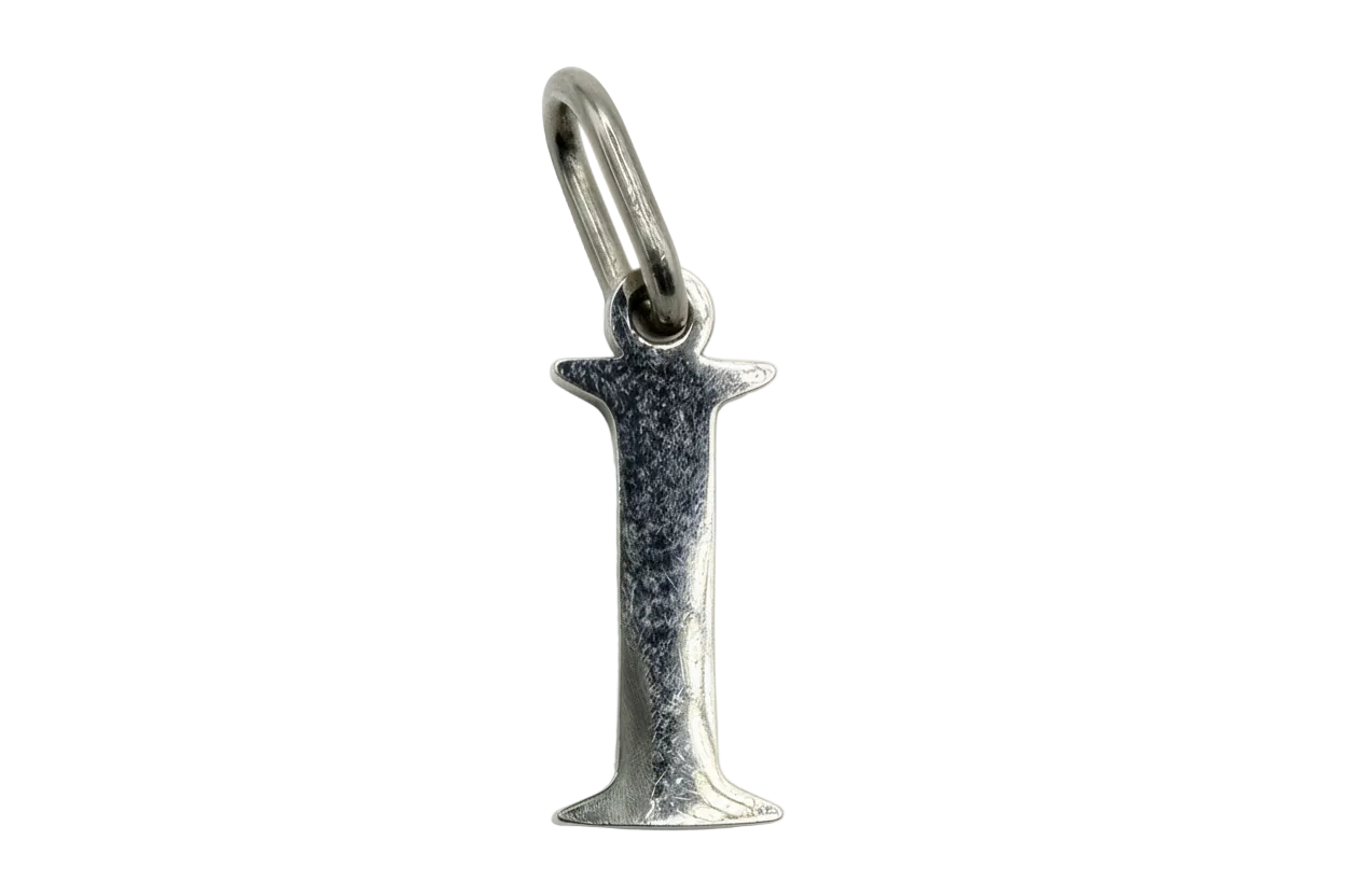 Polished silver-tone serif letter I initial charm on a black background
