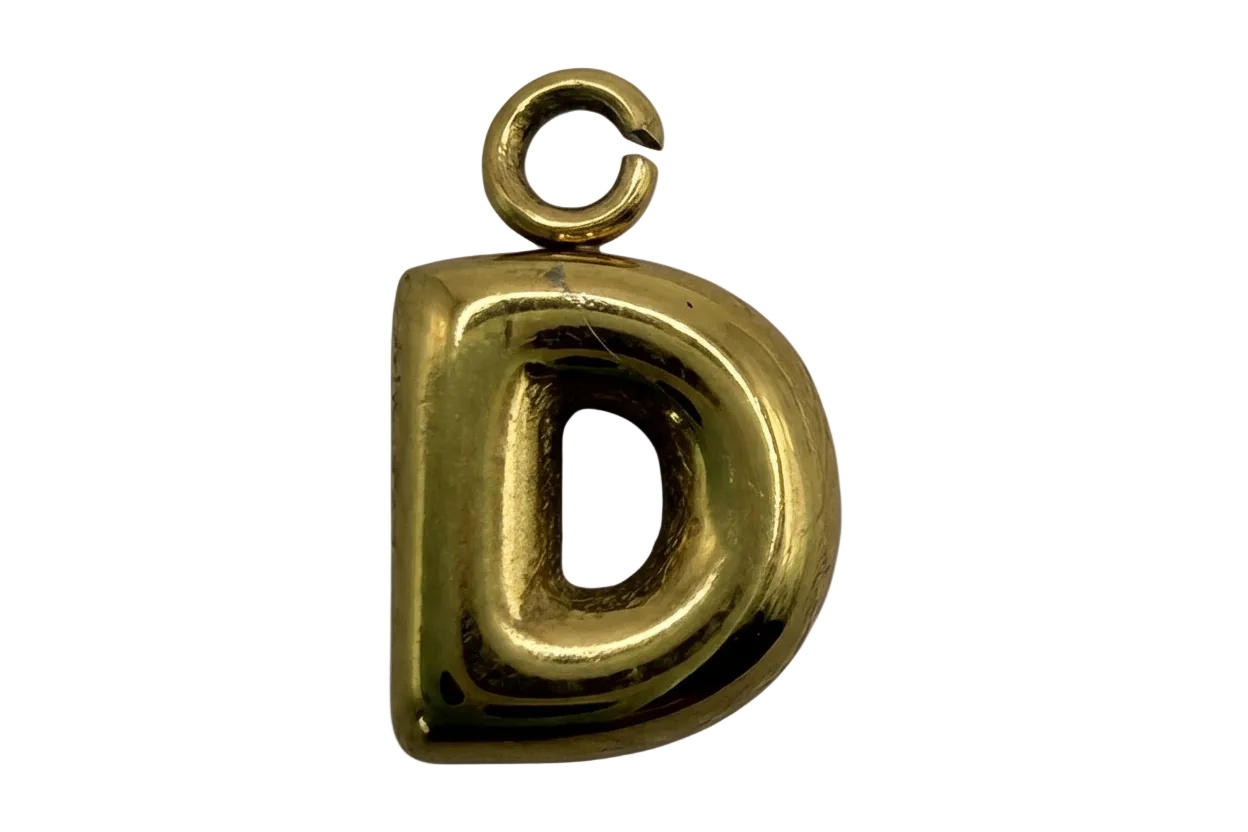 High-polish gold puffed letter D initial charm with rounded sculpted edges