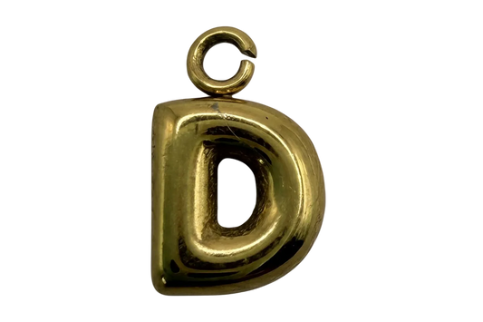 High-polish gold puffed letter D initial charm with rounded sculpted edges