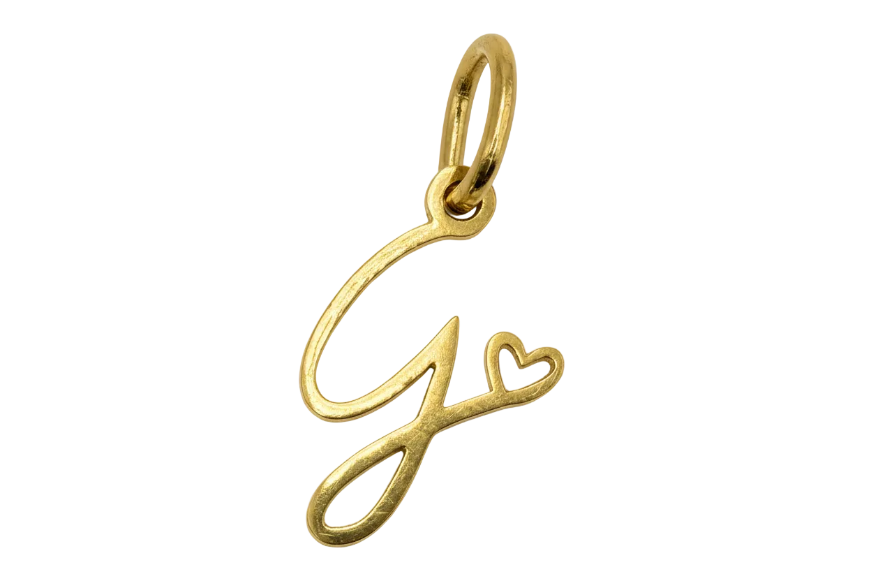 Gold script letter J charm with small heart accent, polished openwork design