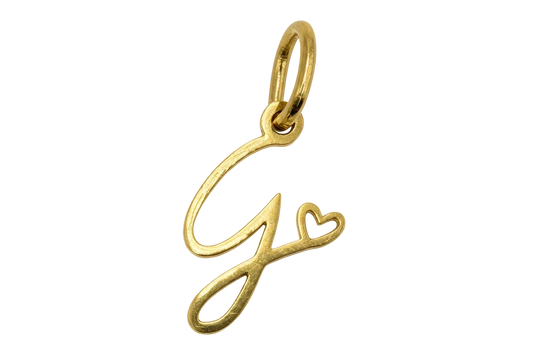 Gold script letter J charm with small heart accent, polished openwork design