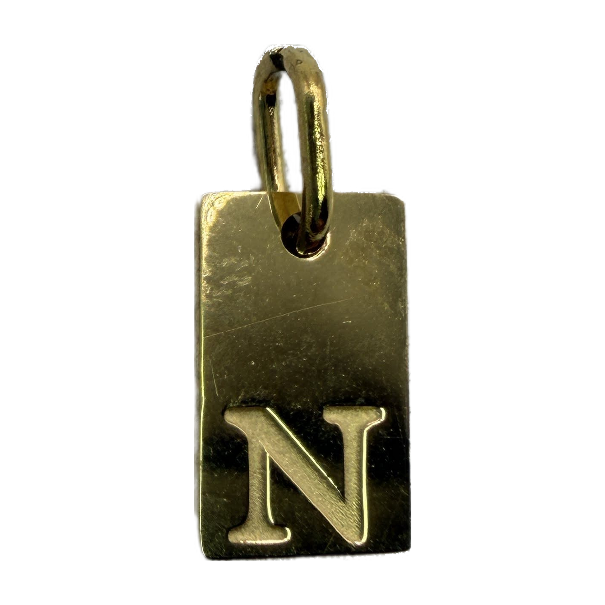 Polished gold rectangular tag with letter N detail