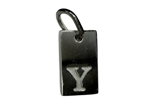 Polished silver-tone rectangular initial tag with raised letter Y