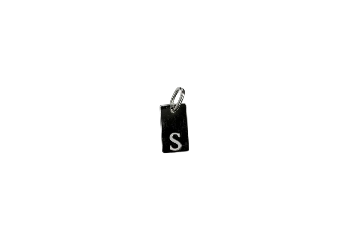 Black rectangular tag with raised silver letter S
