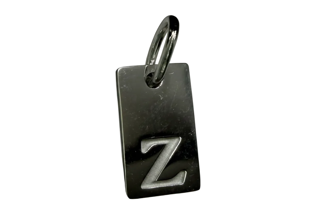 Gunmetal rectangle tag with raised letter Z initial