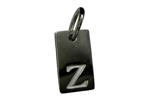 Gunmetal rectangle tag with raised letter Z initial