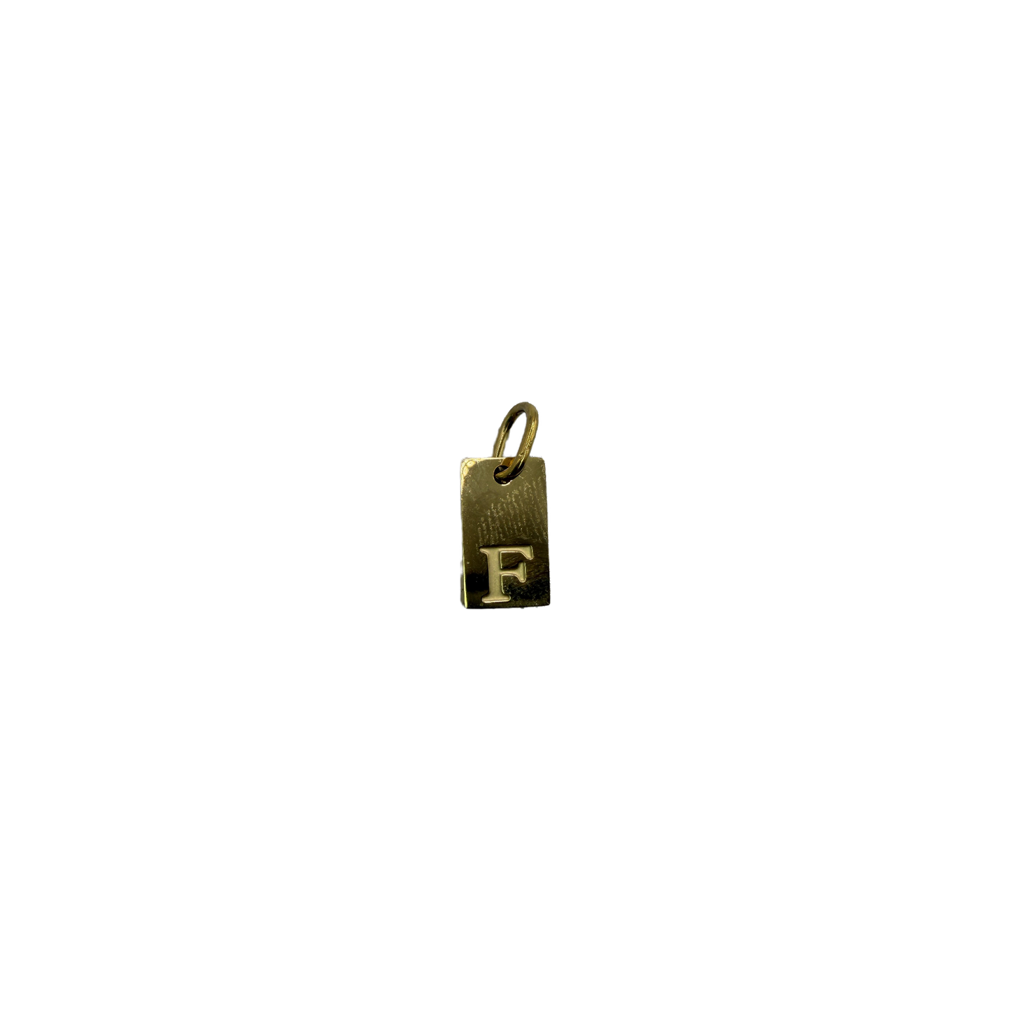 Gold rectangular initial tag with raised F
