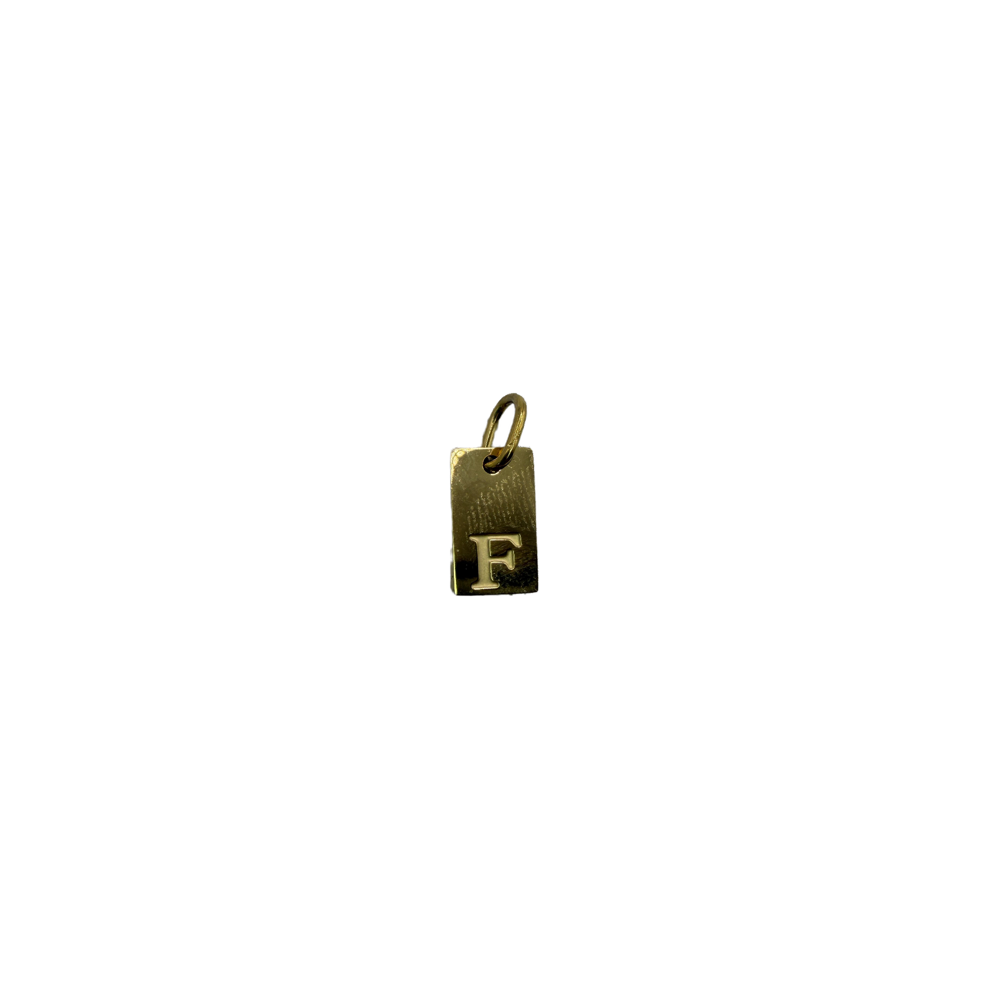 Gold rectangular initial tag with raised F
