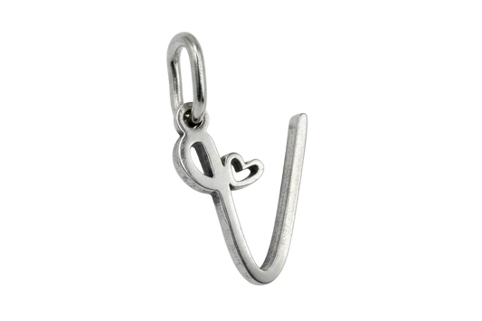 Polished silver script letter V with small open heart accent