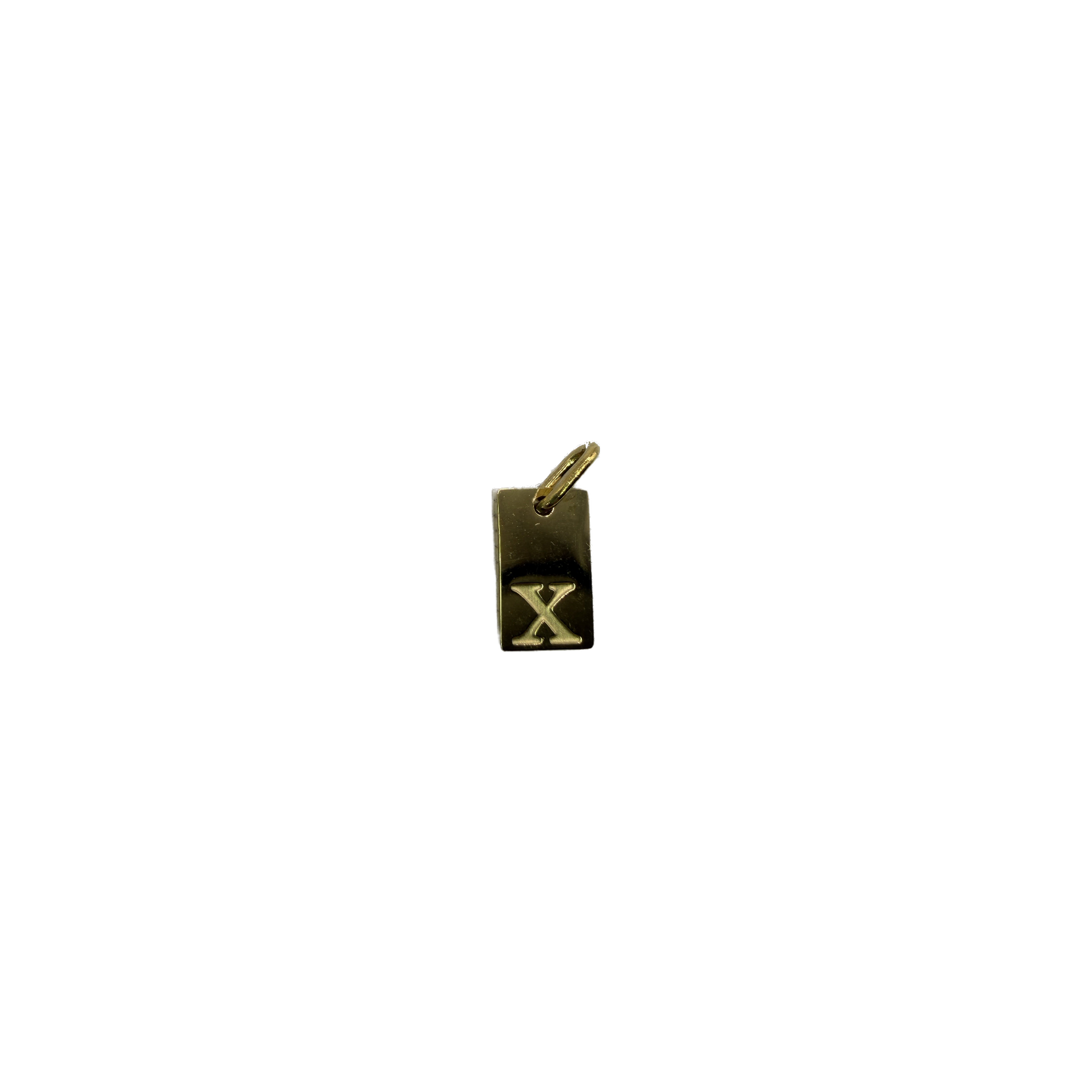 Gold rectangle tag with raised letter X