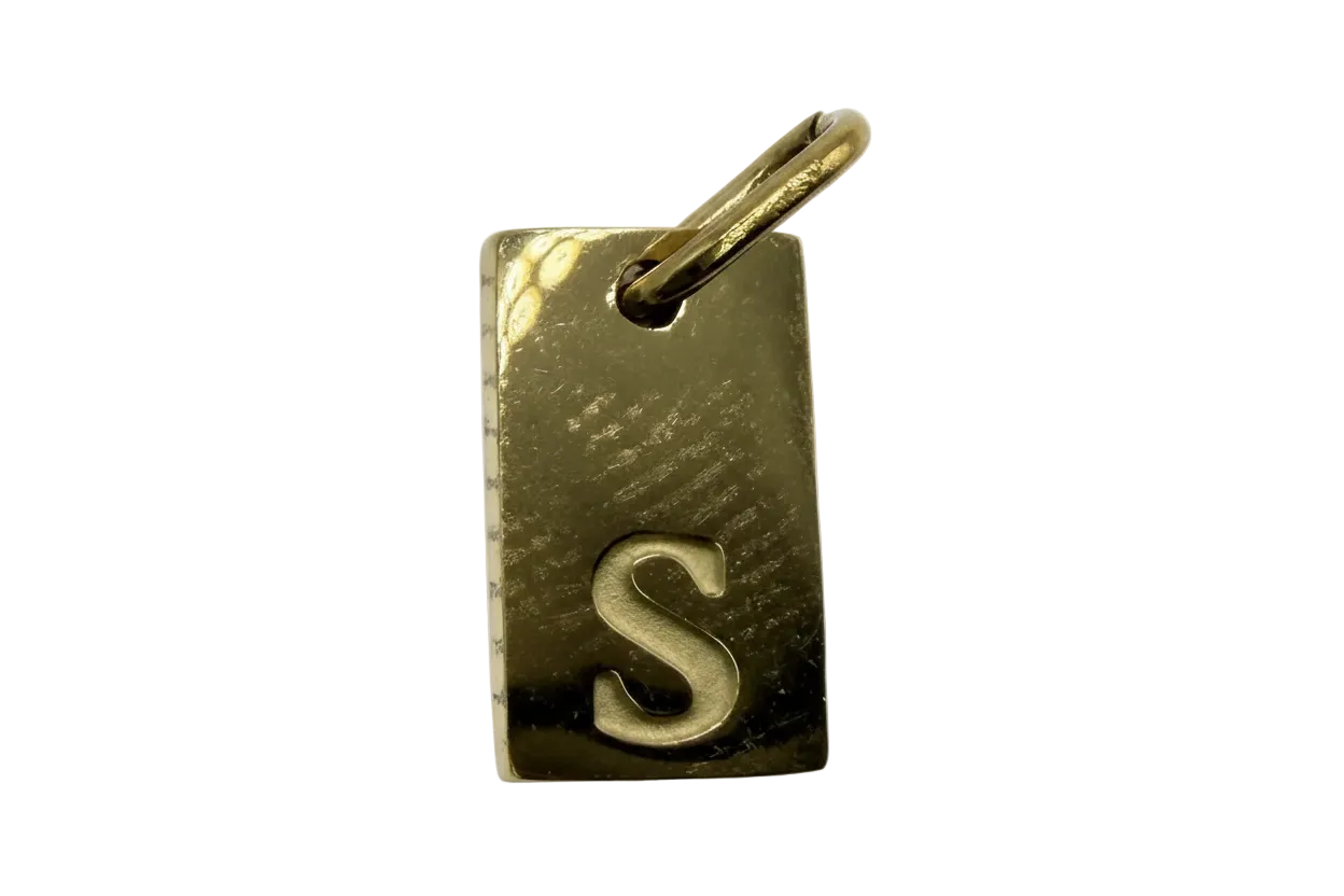 Polished gold rectangular tag with raised letter S