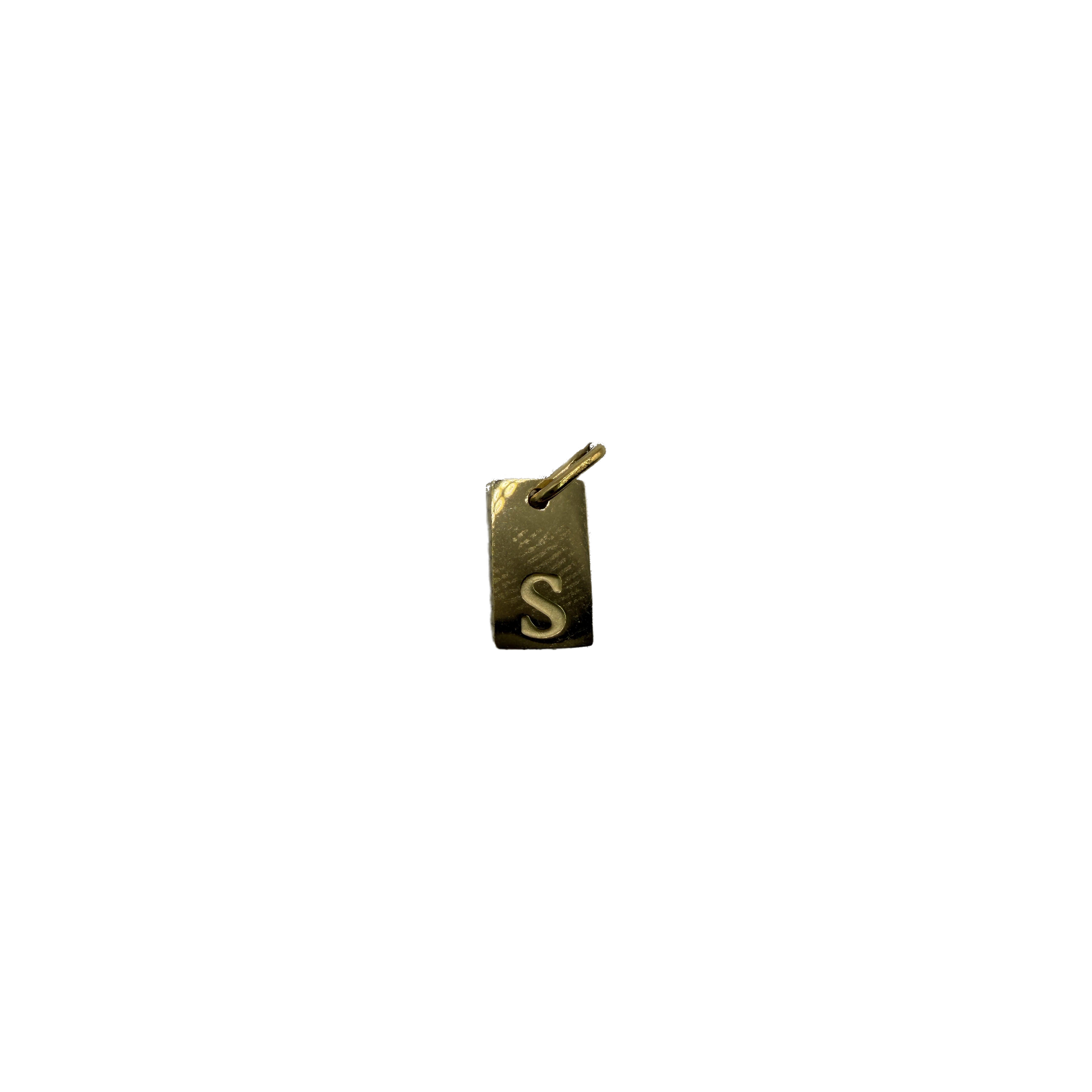 Gold rectangle tag with raised letter S