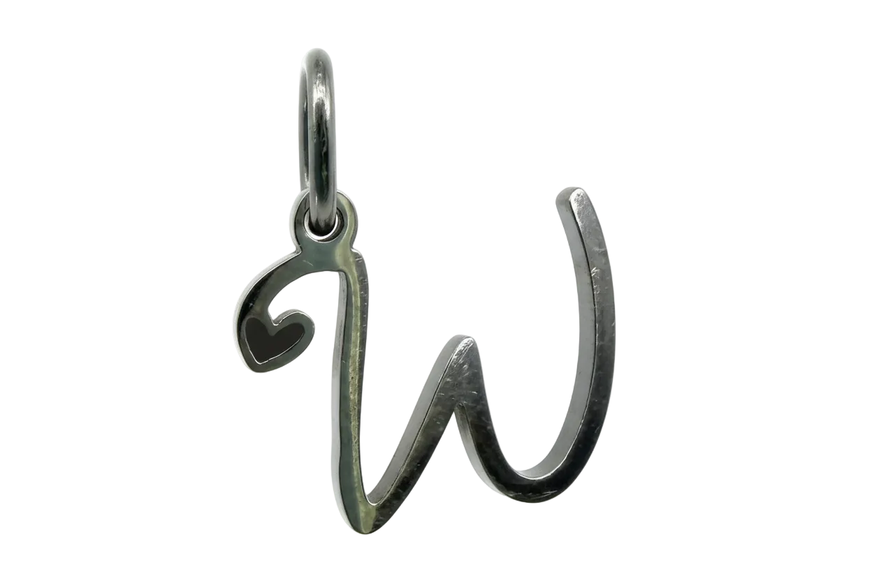 Polished silver script letter W charm with small heart detail