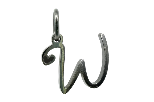 Polished silver script letter W charm with small heart detail