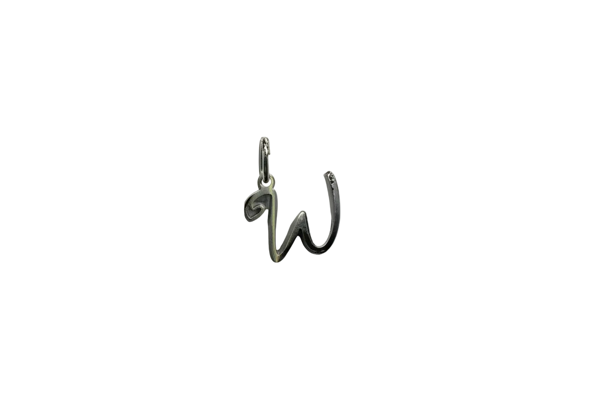 Silver script W charm with heart detail