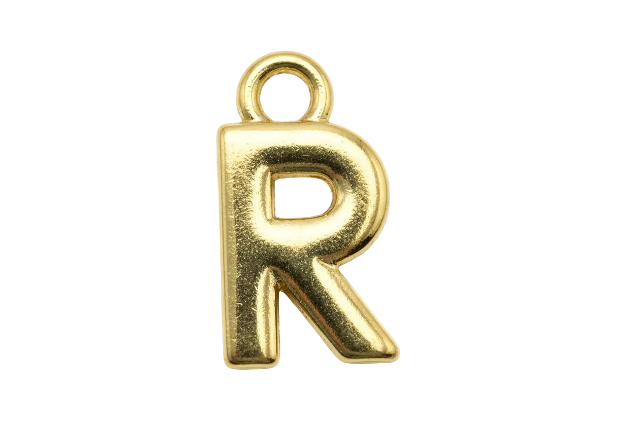 Polished gold letter R initial charm with rounded, sculpted edges