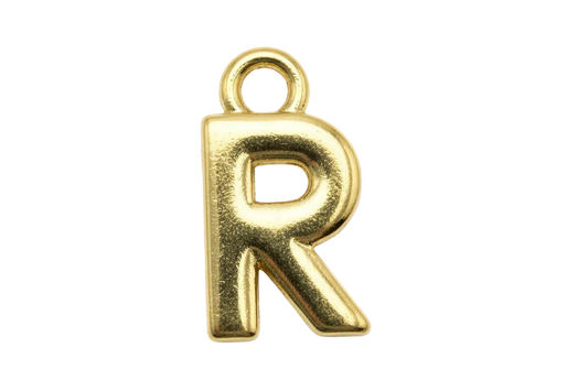 Polished gold letter R initial charm with rounded, sculpted edges