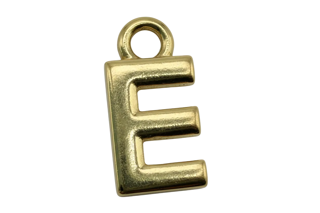 Polished gold letter E initial charm with rounded edges