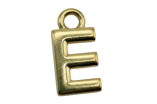 Polished gold letter E initial charm with rounded edges