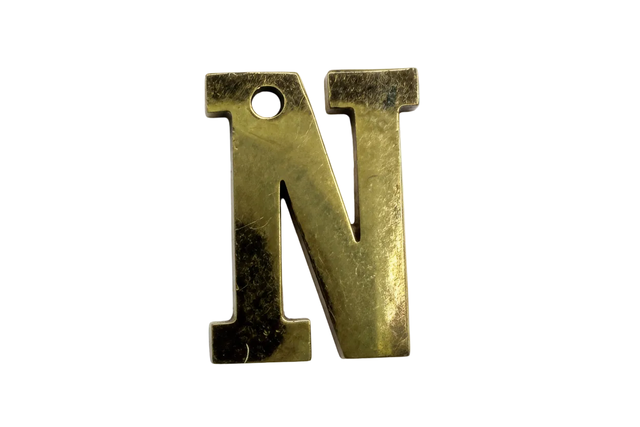 Gold block letter N initial with vintage patina finish