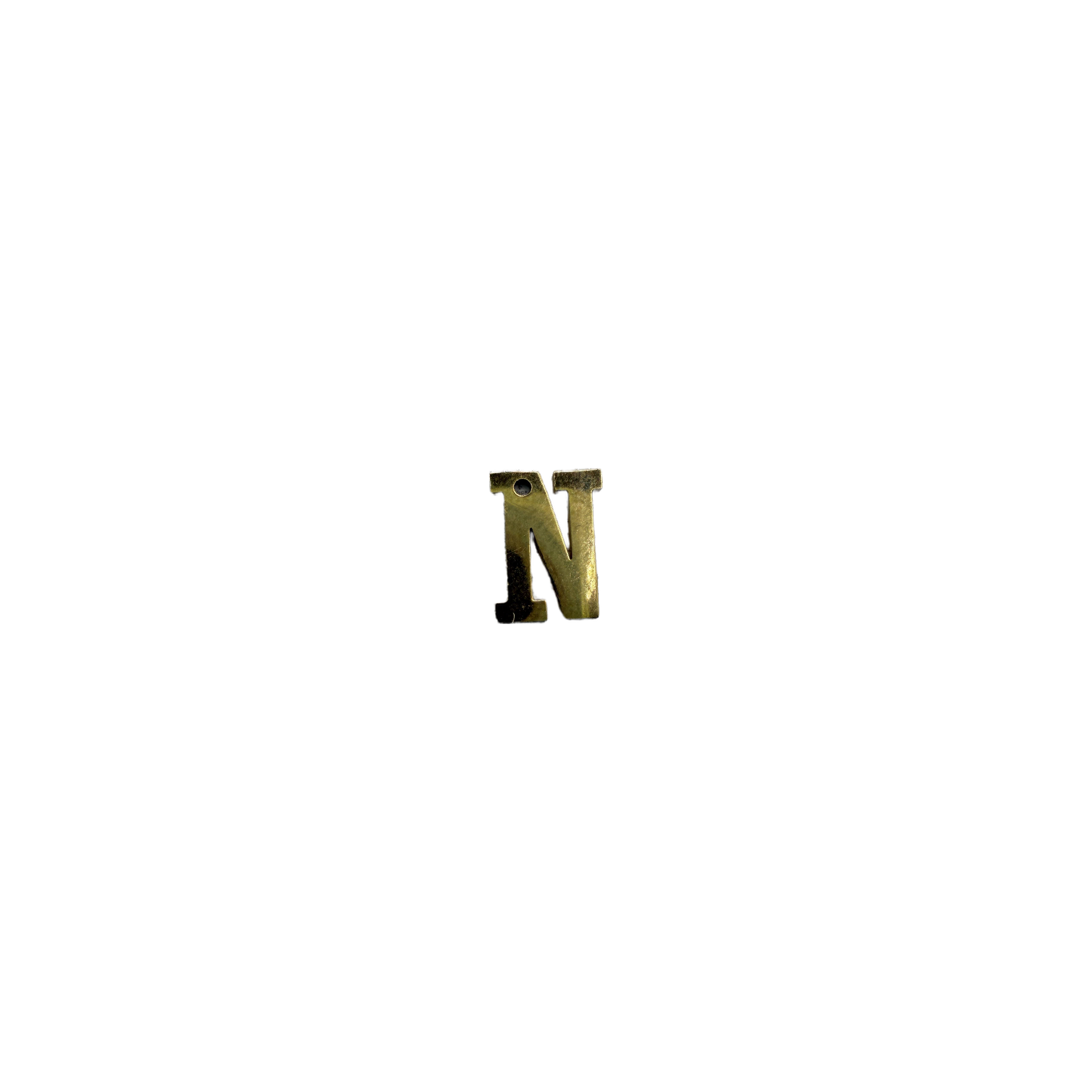 Gold block letter N initial with patina