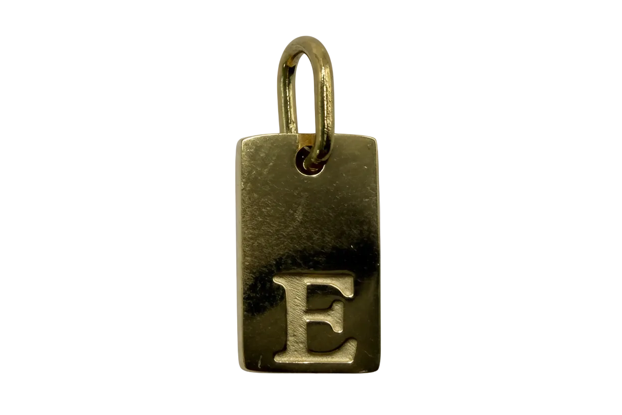 Gold rectangular initial tag with raised letter E