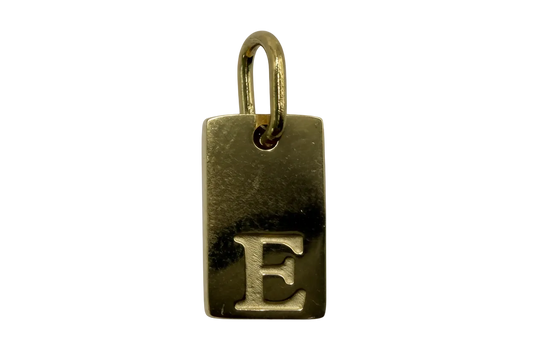 Gold rectangular initial tag with raised letter E