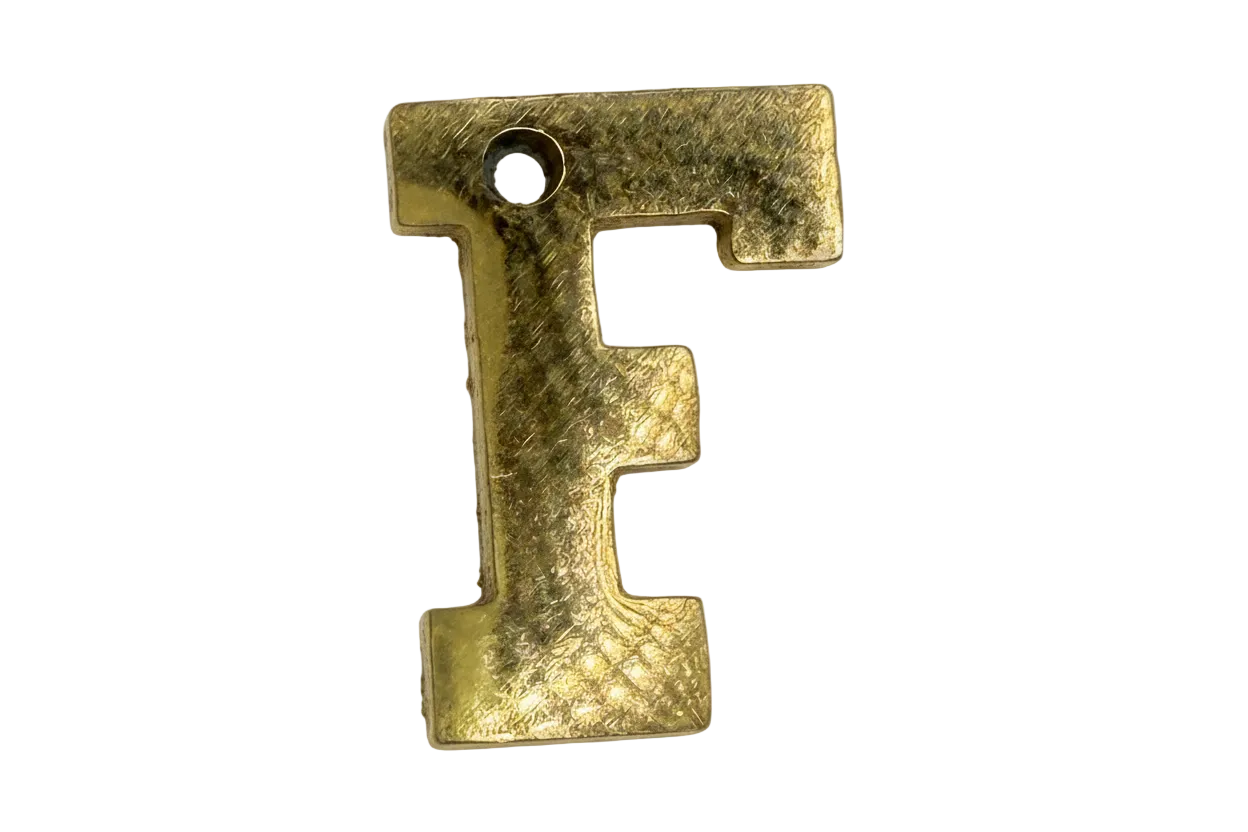 Textured gold block letter F charm with brushed finish