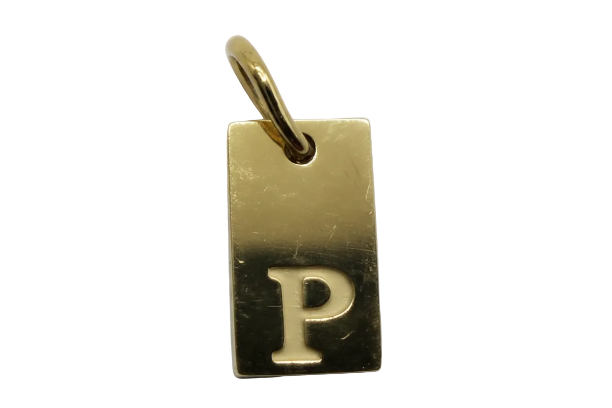 Polished gold rectangular tag with raised letter P
