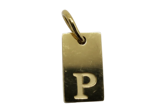 Polished gold rectangular tag with raised letter P