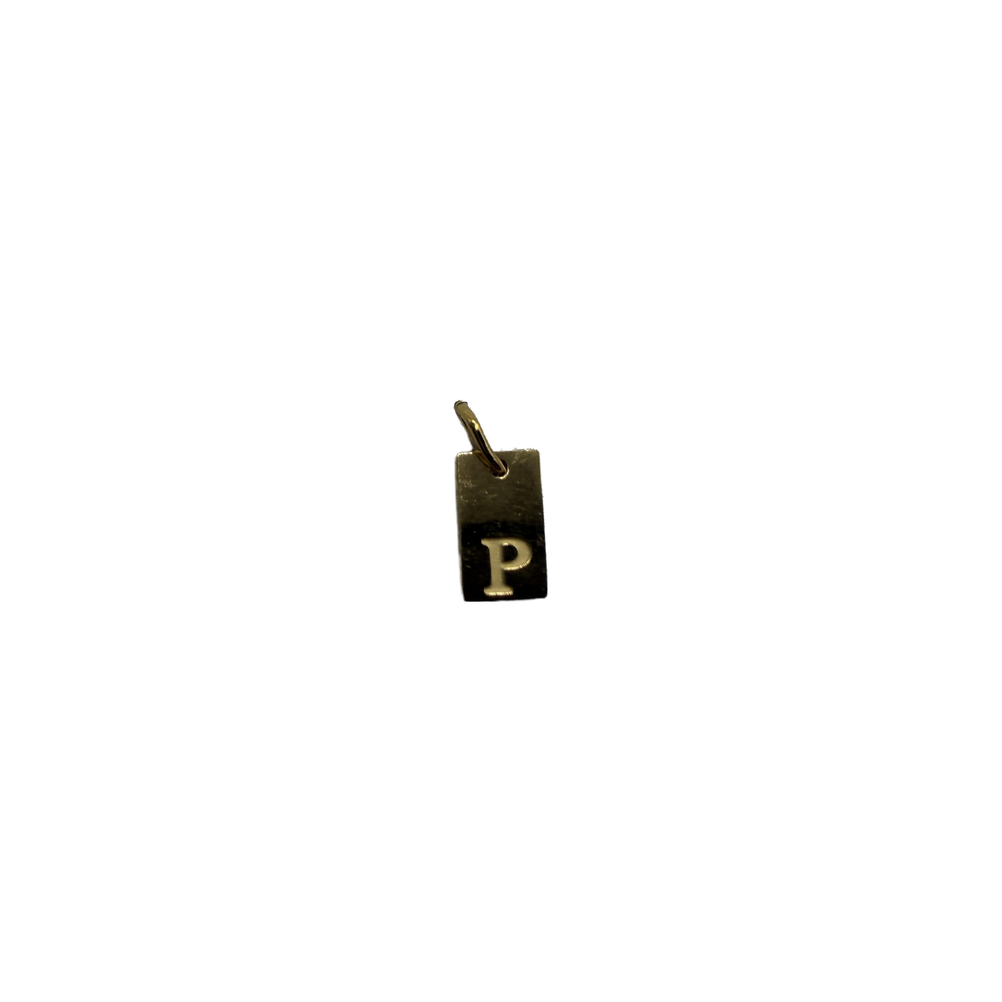 Gold rectangular tag with raised letter P