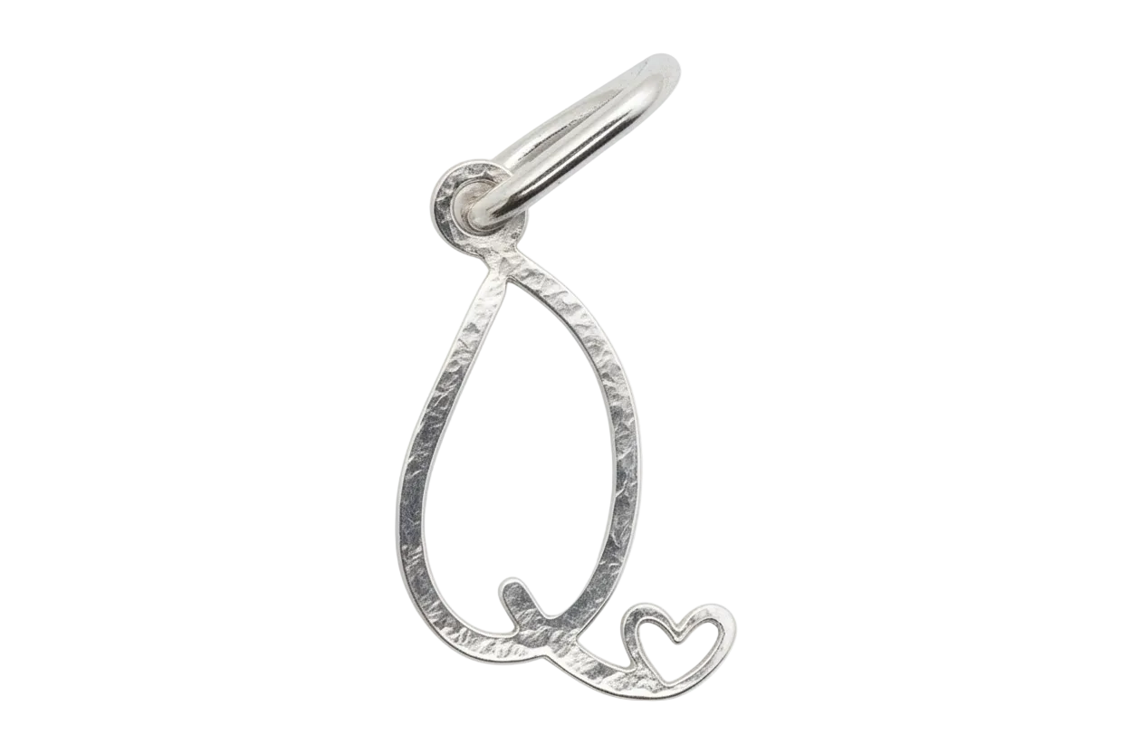 Polished silver letter Q initial with small heart accent