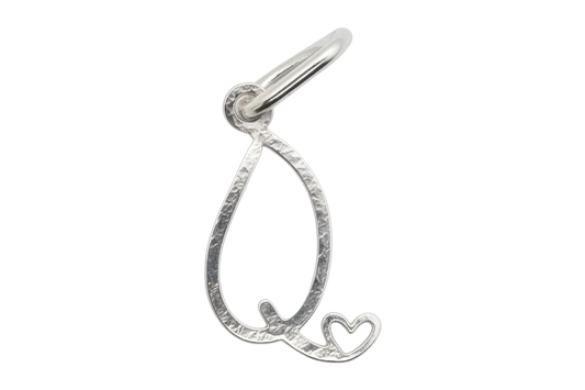 Polished silver letter Q initial with small heart accent